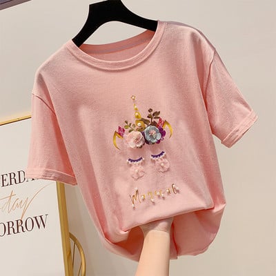 Virágokkal és gyöngyökkel díszített női póló