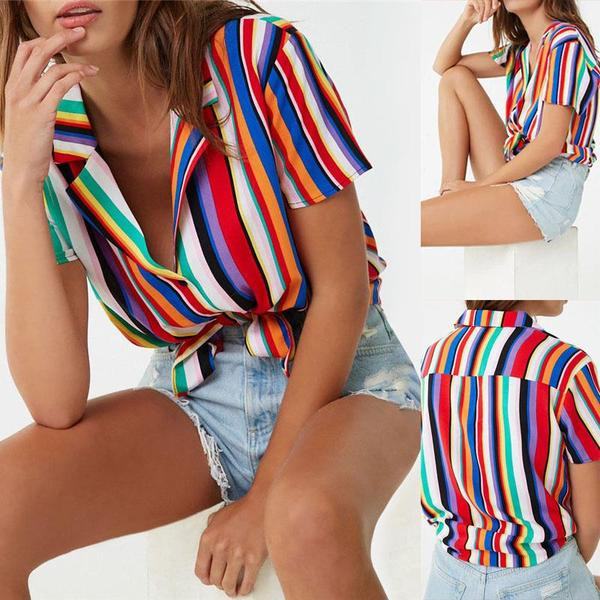 Színes csíkos női ing V-nyakkal
