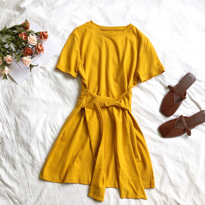 Rochie casual de dama cu maneci scurte si panglica in mai multe culori