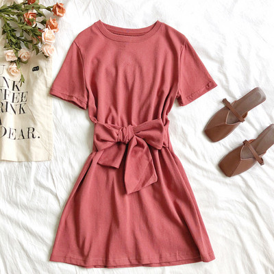 Rochie casual de dama cu maneci scurte si panglica in mai multe culori