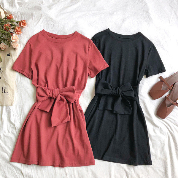 Rochie casual de dama cu maneci scurte si panglica in mai multe culori