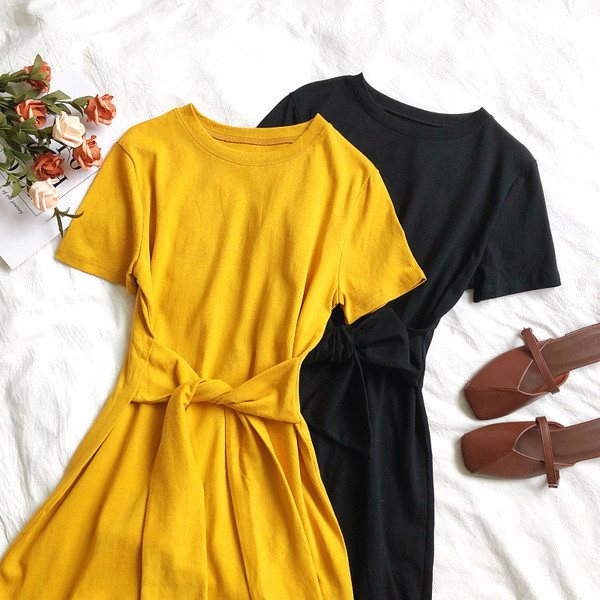 Rochie casual de dama cu maneci scurte si panglica in mai multe culori