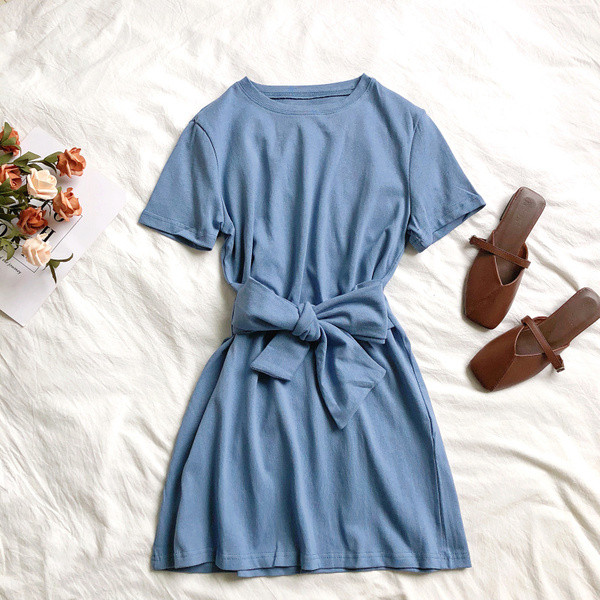 Rochie casual de dama cu maneci scurte si panglica in mai multe culori