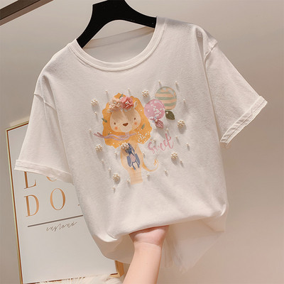 Rövid ujjú, gyöngy díszítésű női póló