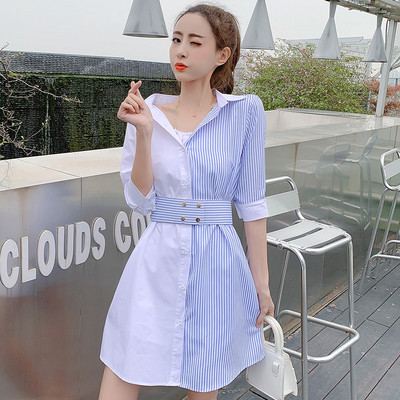 Alkalmi női csíkos ruha 3/4-es ujjal és övvel