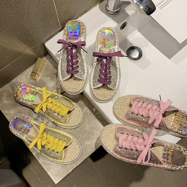 Modern női papucs három színben nyakkendővel és kövekkel