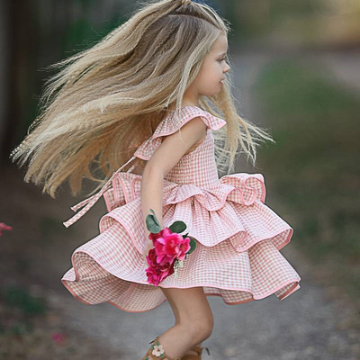 Карирана детска рокля в розов цвят за момичета