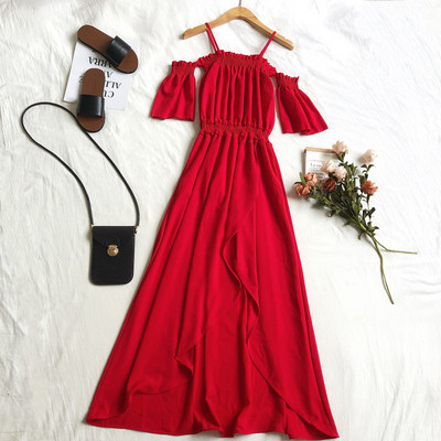 Alkalmi női ruha ejtett vállú, hasítékkal több színben