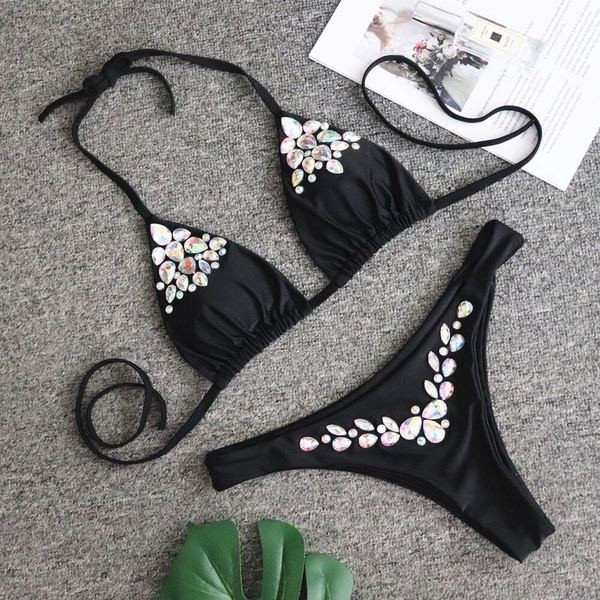 Costum de baie elegant din două piese cu pietre în negru, albastru și auriu