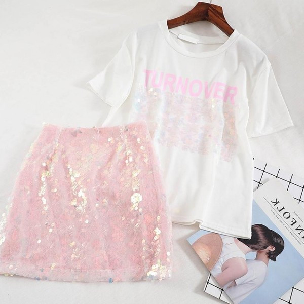 Set de fusta si tricou dama cu un element - paiete