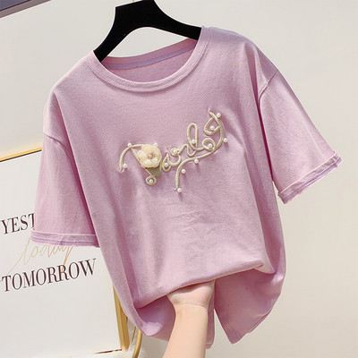 Női póló 3D elemes virágokkal és O-nyakkal