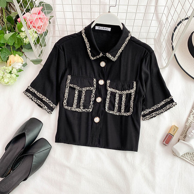 Stílusos női ing rövid modell fekete-fehér zsebekkel