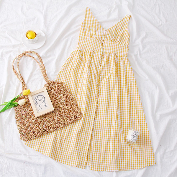 Modern kockás női ruha kék és sárga színben