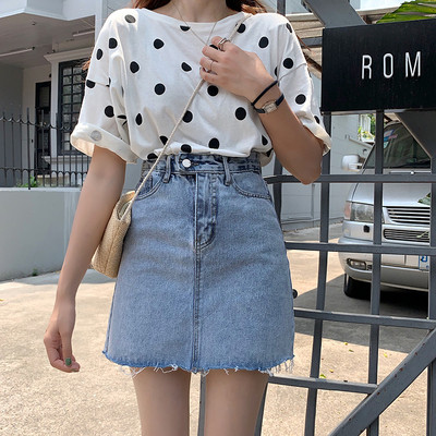 Női farmerszoknya magas derékkal, szegély nélkül