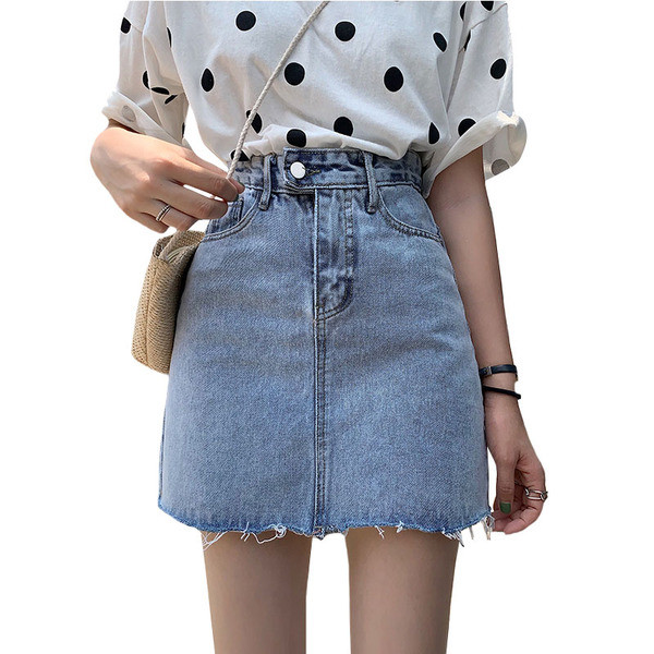 Női farmerszoknya magas derékkal, szegély nélkül