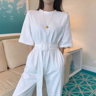 Női alkalmi kombiné rövid ujjú, övvel, rózsaszín és fehér színben