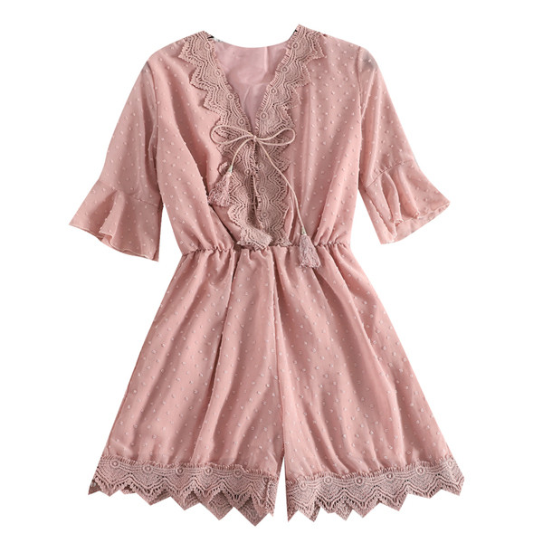 Modern női rövid jumpsuit V-nyakkal és nyakkendővel, három színben