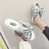 Papuci de dama moderni cu panglica si paiete in doua culori