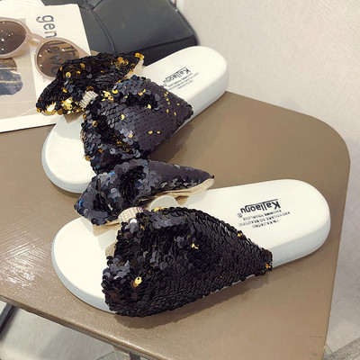 Papuci de dama moderni cu panglica si paiete in doua culori