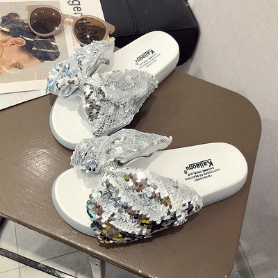 Papuci de dama moderni cu panglica si paiete in doua culori