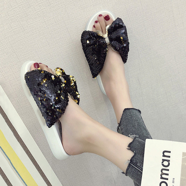 Papuci de dama moderni cu panglica si paiete in doua culori