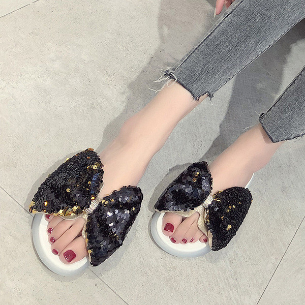 Papuci de dama moderni cu panglica si paiete in doua culori