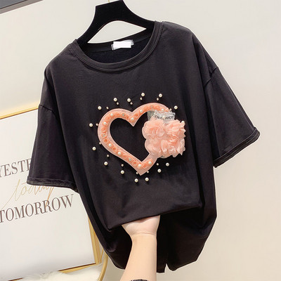 Modern női póló gyöngy díszítéssel és 3D elemmel