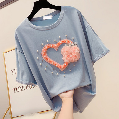 Modern női póló gyöngy díszítéssel és 3D elemmel