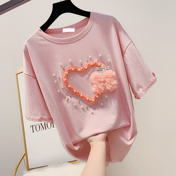 Modern női póló gyöngy díszítéssel és 3D elemmel