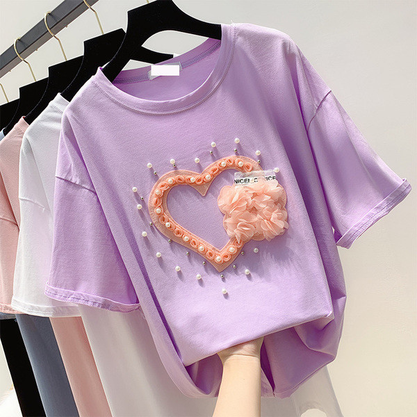 Modern női póló gyöngy díszítéssel és 3D elemmel