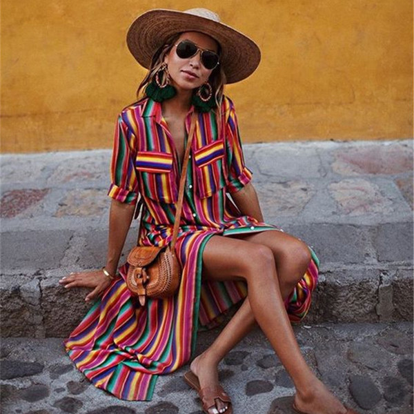 Színes csíkos női ruha zsebekkel több színben