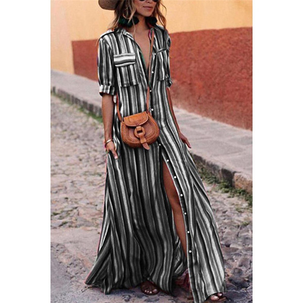 Színes csíkos női ruha zsebekkel több színben