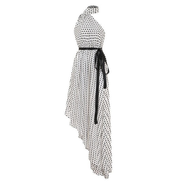 Stílusos aszimmetrikus női ruha fehér pöttyökkel