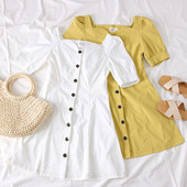 Modern női ruha 3/4-es ujjal és gombokkal fehér és sárga színben