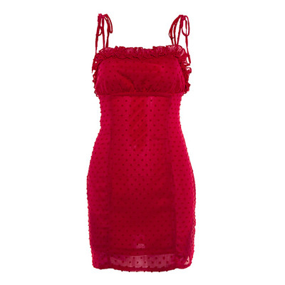 Rövid piros női ruha vékony pántokkal