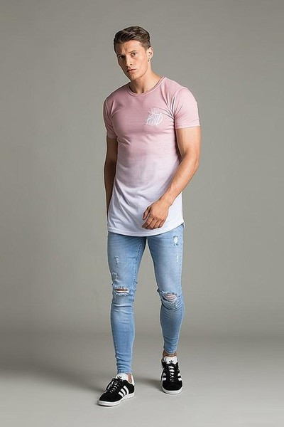 Modern férfi farmer kék és fekete színben, szakadt motívumokkal