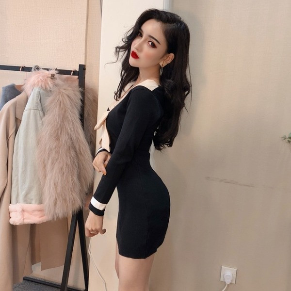 Rochie de dama cu maneci lungi si panglica pe decolteu