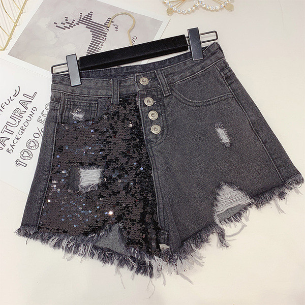 Női rövid farmer fekete és flitter díszítéssel