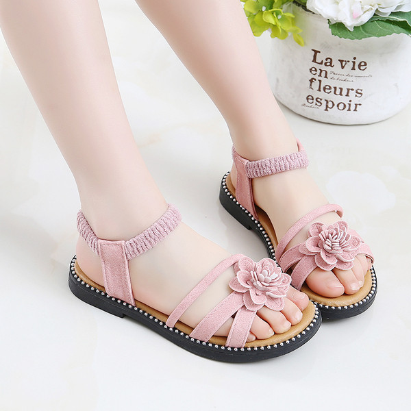 Sandale copii pentru fata cu decor floral si elastic la glezna in trei culori
