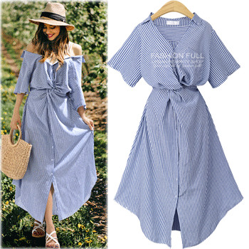 Jelenlegi csíkos nyári ruha pántokkal és derékkötővel