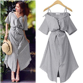 Jelenlegi csíkos nyári ruha pántokkal és derékkötővel