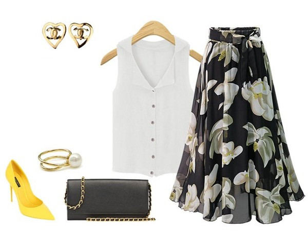 Hosszú szabású női szoknya virágmintával