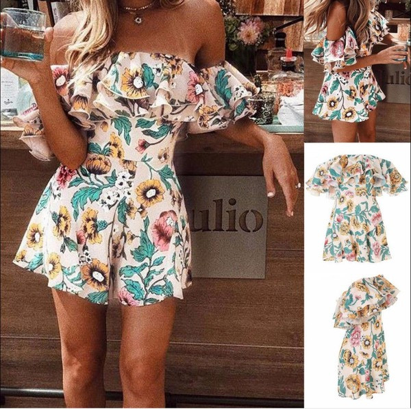 Nyári női overál csupasz vállval, virágmintával