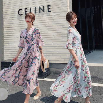 Γυναικείο μακρύ φόρεμα με ντεκολτέ σε σχήμα V  με floral εκτύπωση σε δύο χρώματα