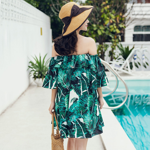 Női strand rövid ruha csupasz váll, zöld színben és mintával