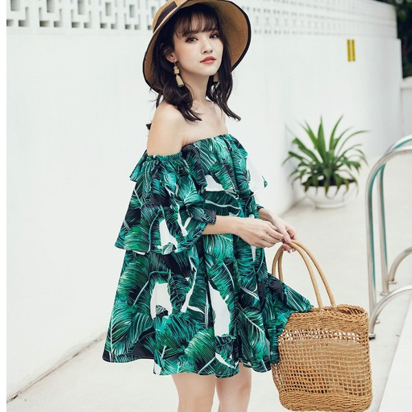 Női strand rövid ruha csupasz váll, zöld színben és mintával