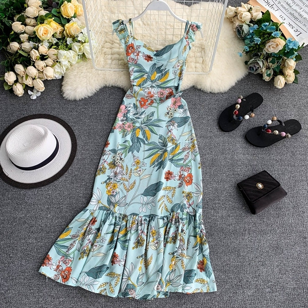 Лятна дамска рокля дълъг модел с флорален десен в няколко цвята 