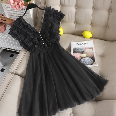 Модерна дамска рокля с V-образно деколте и перли в три цвята