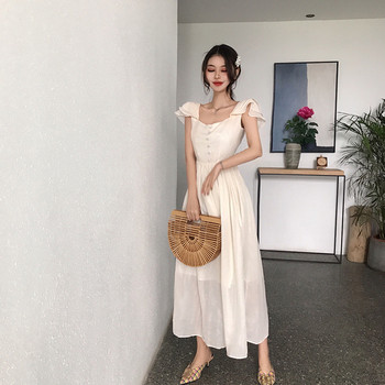 Дамска лятна разкроена рокля с къс ръкав и копчета