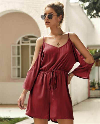 Модерен дамски гащеризон с тънки презрамки и връзки 